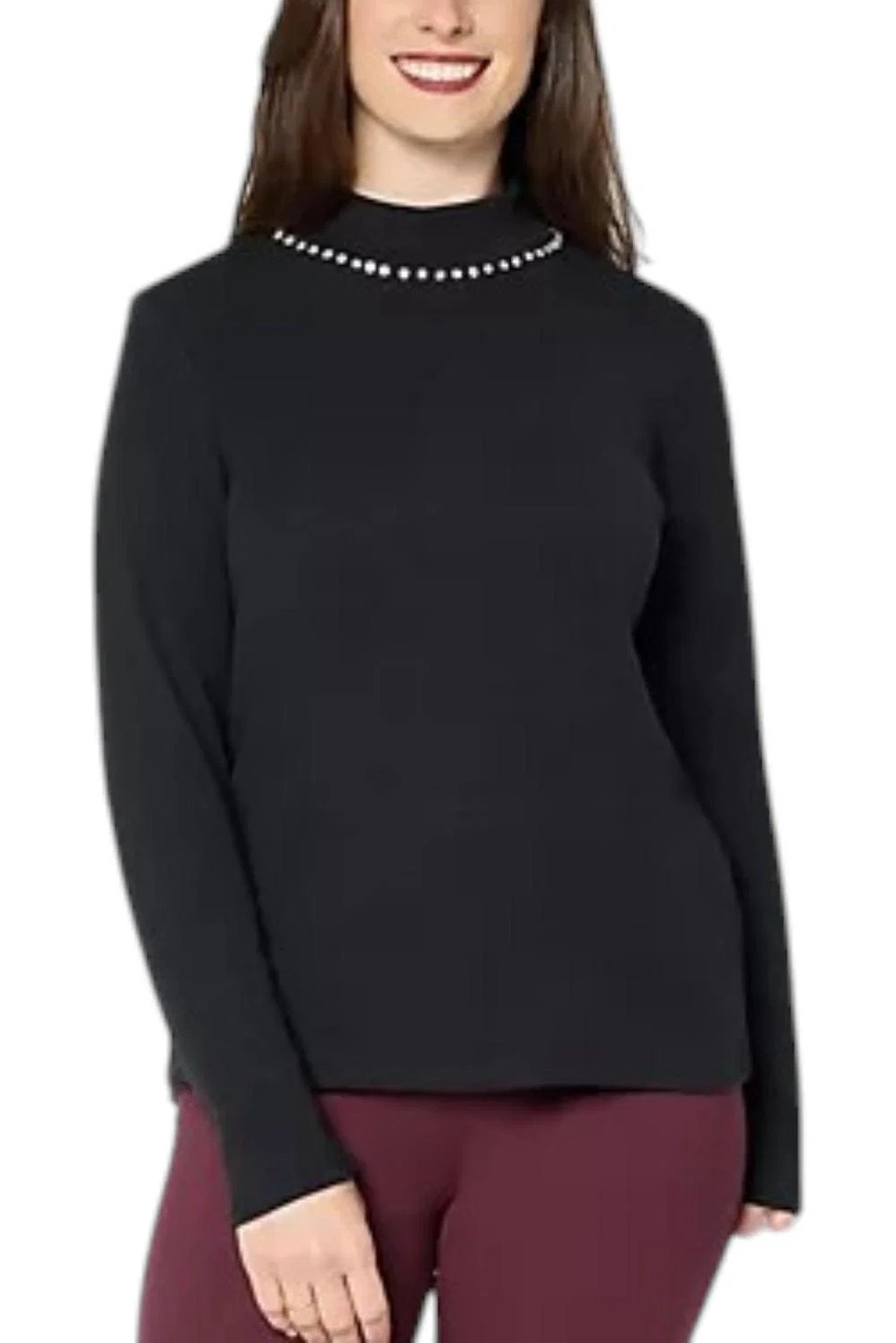 Dennis Basso Women's Mock Neck Sweater w/ Embellishment Black - Regular